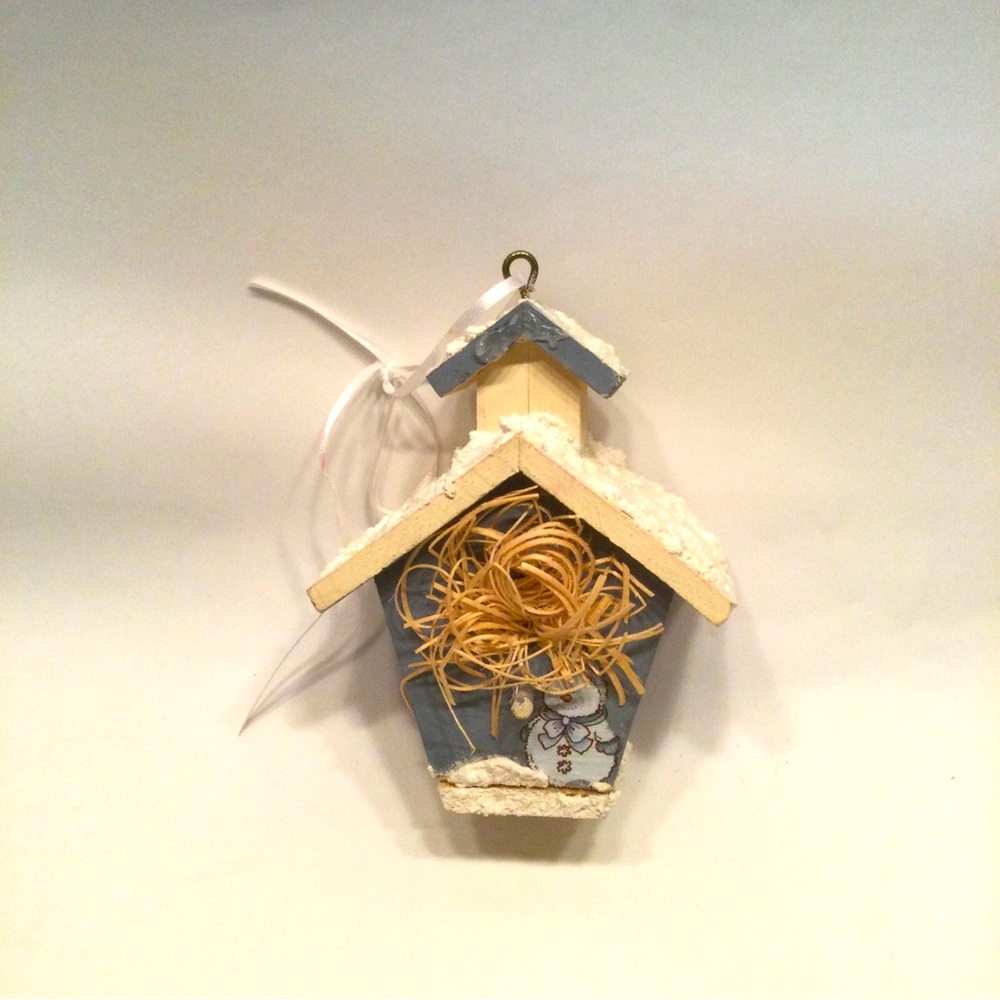 Wooden Bird House Ornament Christmas Snow Topped Snow Man Blue 5” Hand Crafted